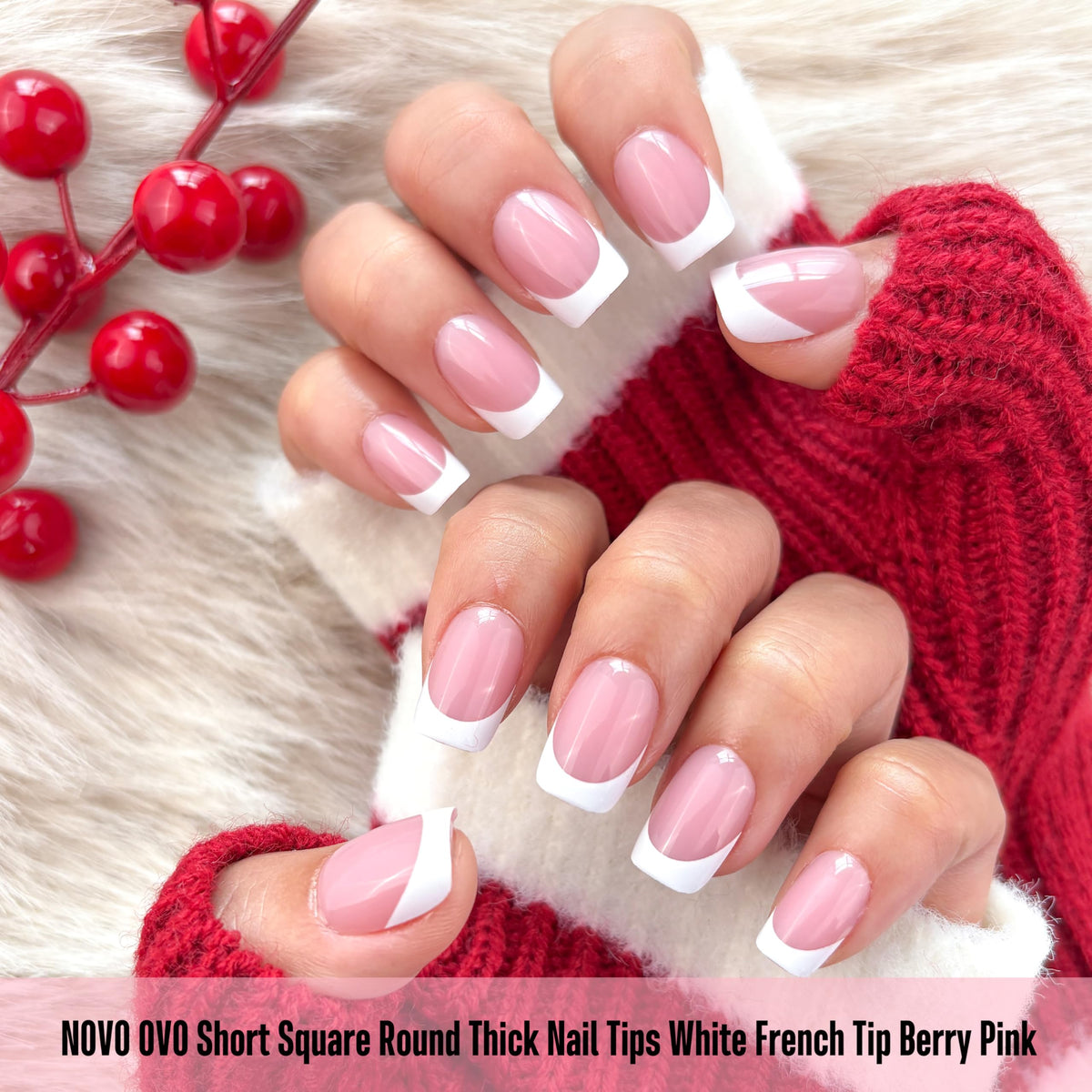 NOVO OVO Short Square Round French Tip Nail Tips displayed with builder gel