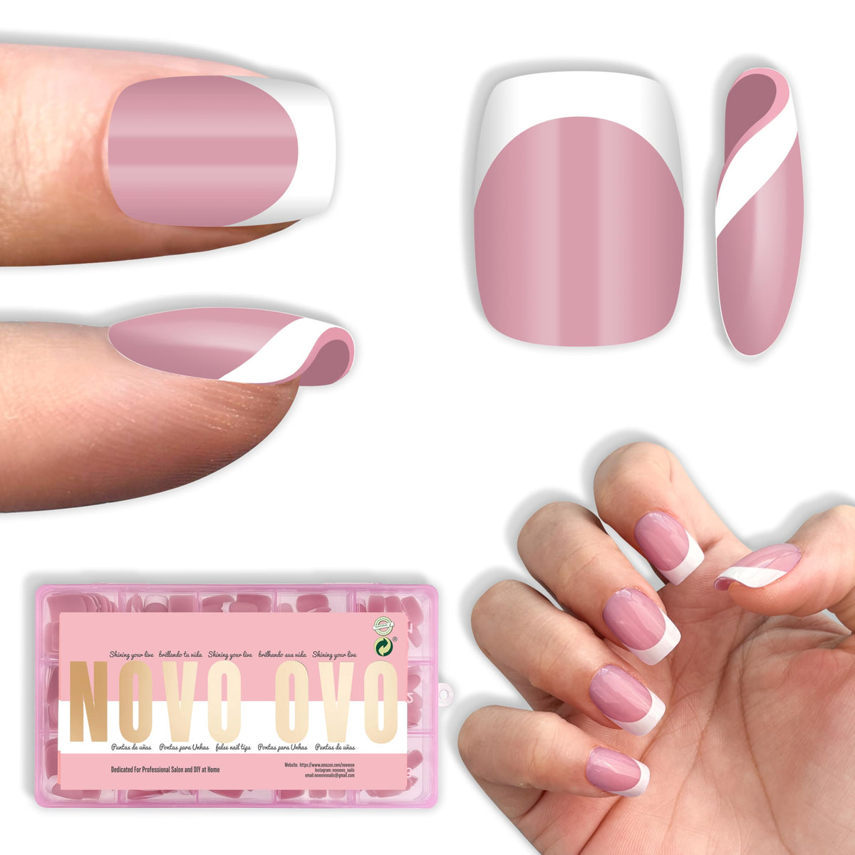 NOVO OVO Short Square Round French Tip Nail Tips packaging front view