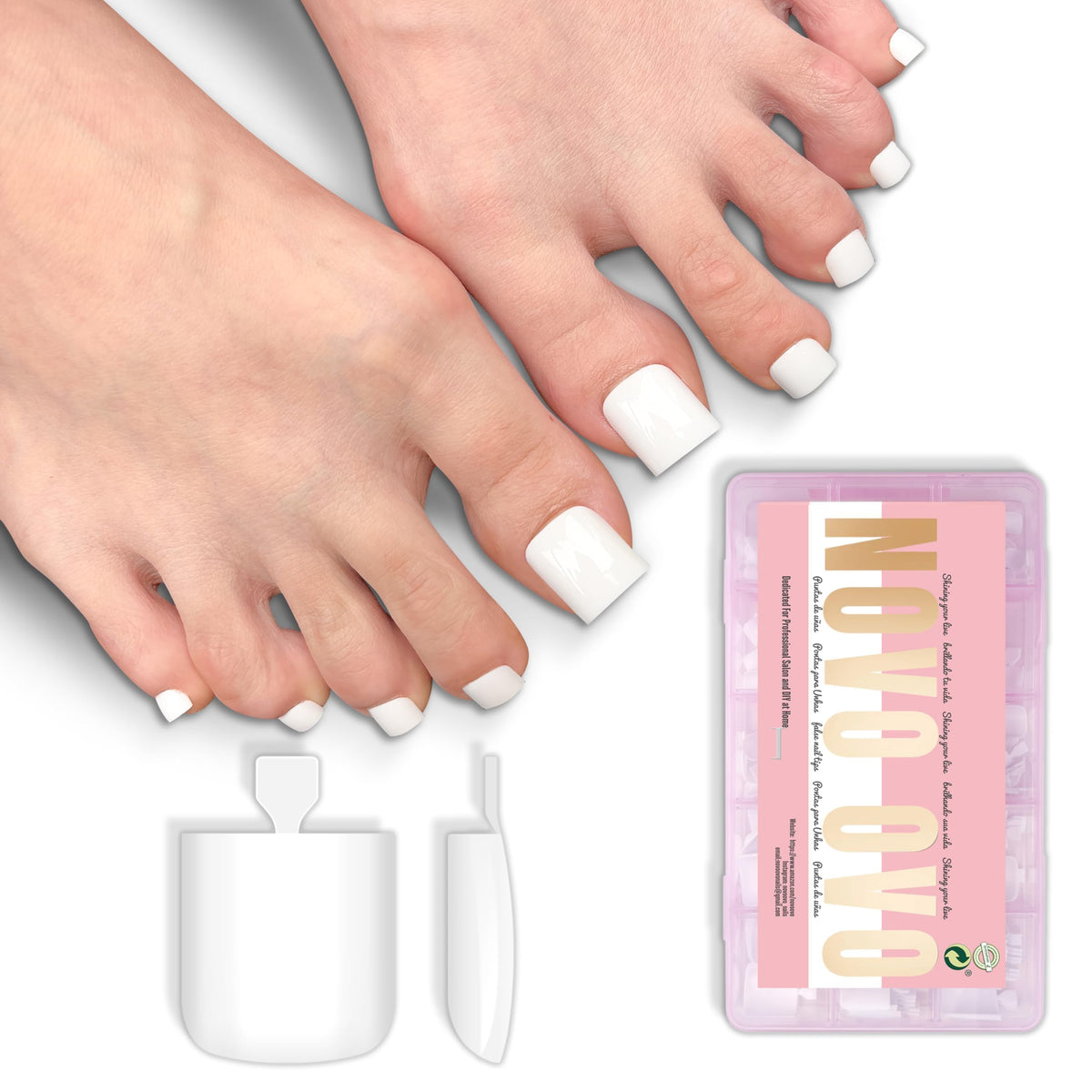 NOVO OVO White Square Toe Nail Tips front view with packaging