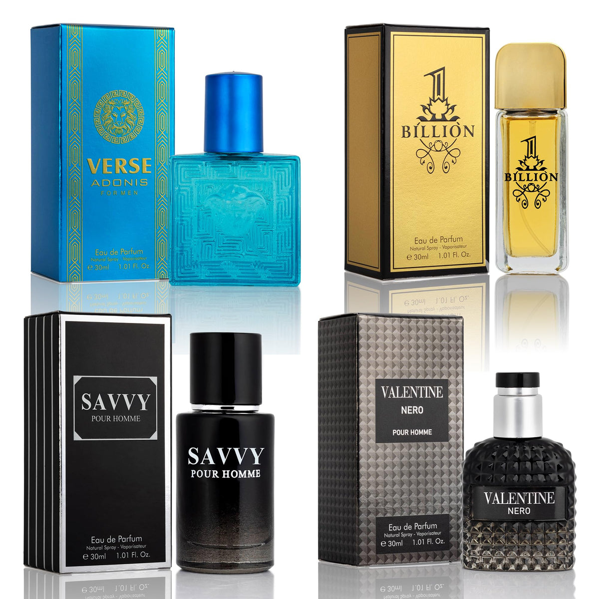NovoGlow Signature Scent 4-Piece Mini Fragrance Set front view with all four bottles