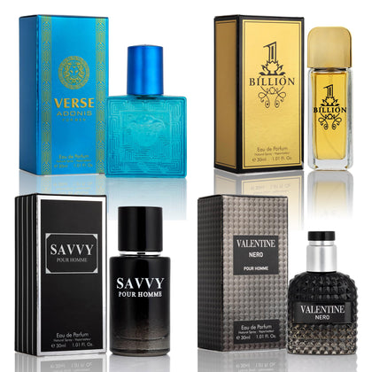 NovoGlow Signature Scent 4-Piece Mini Fragrance Set front view with all four bottles