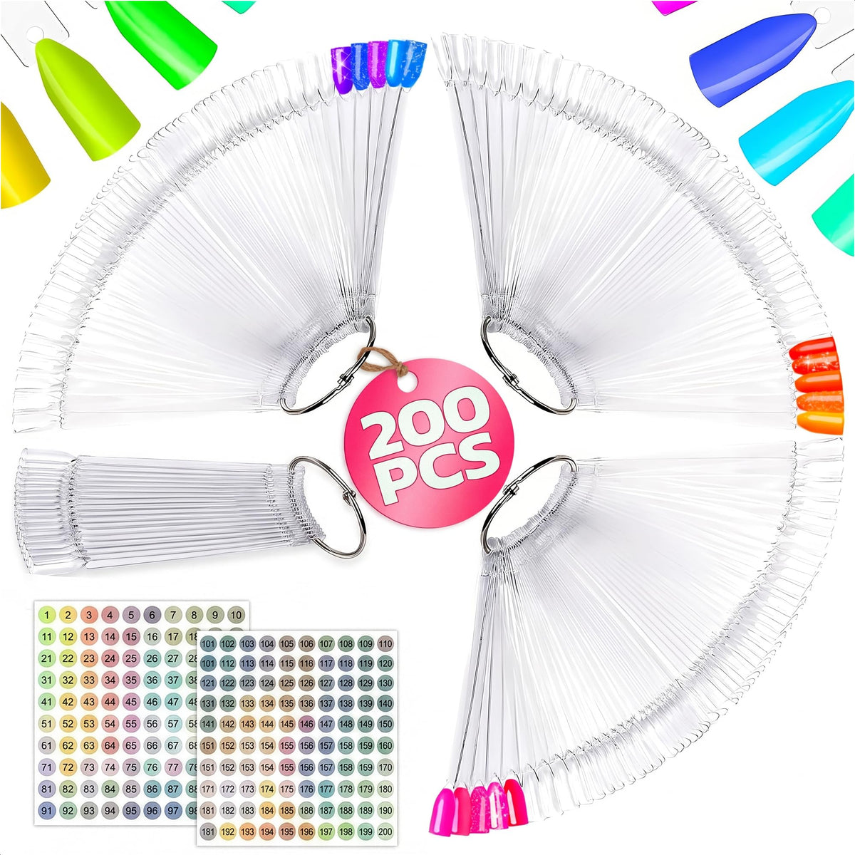 Novsix 200 Pcs Nail Swatch Sticks with metal ring and number stickers