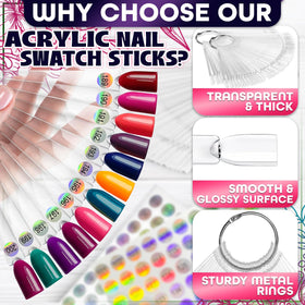 Novsix nail swatch sticks displayed on a table with nail polish bottles
