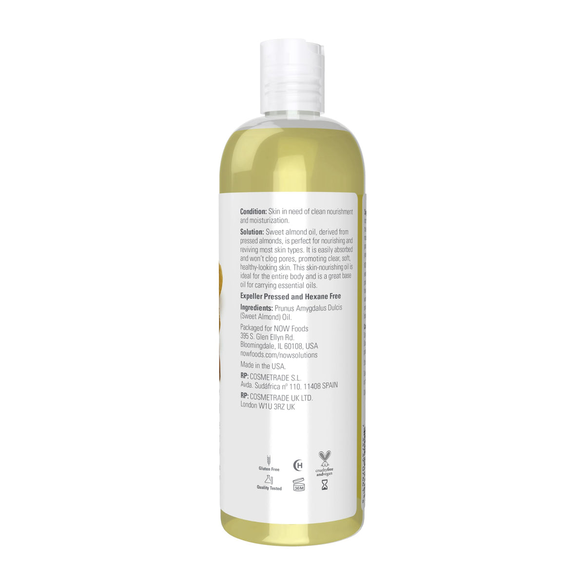 NOW Foods Sweet Almond Oil 100% Pure 16 oz bottle side view