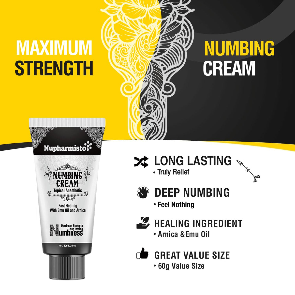 Nupharmco Numbing Cream 60ml back view with ingredient list