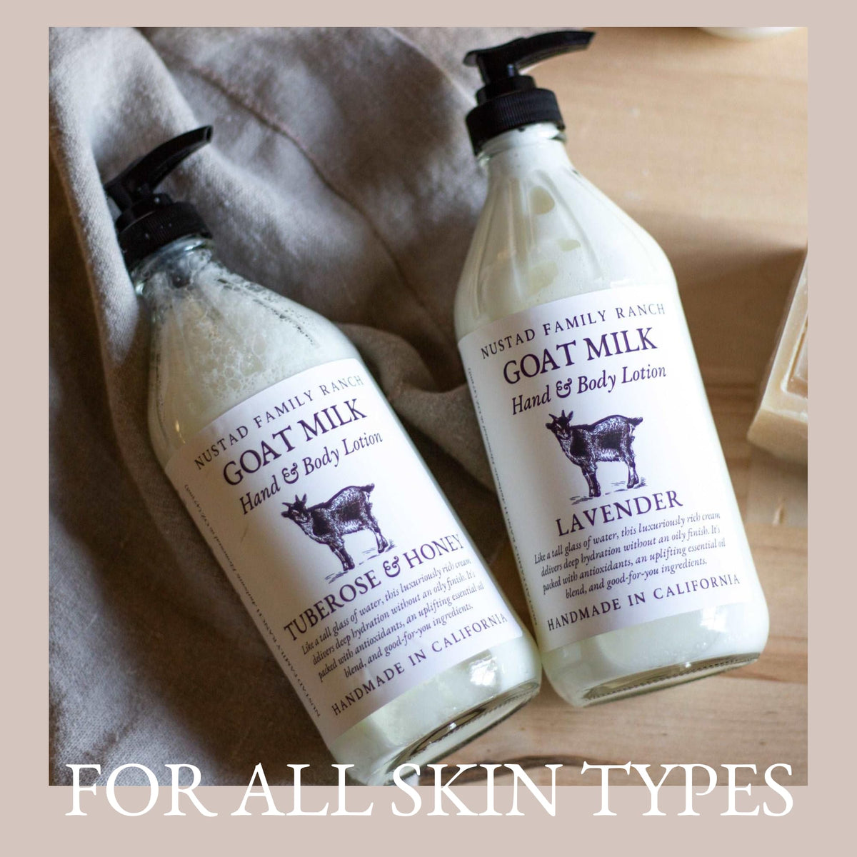 Nustad Family Ranch Goat Milk Body Lotion on a bedside table
