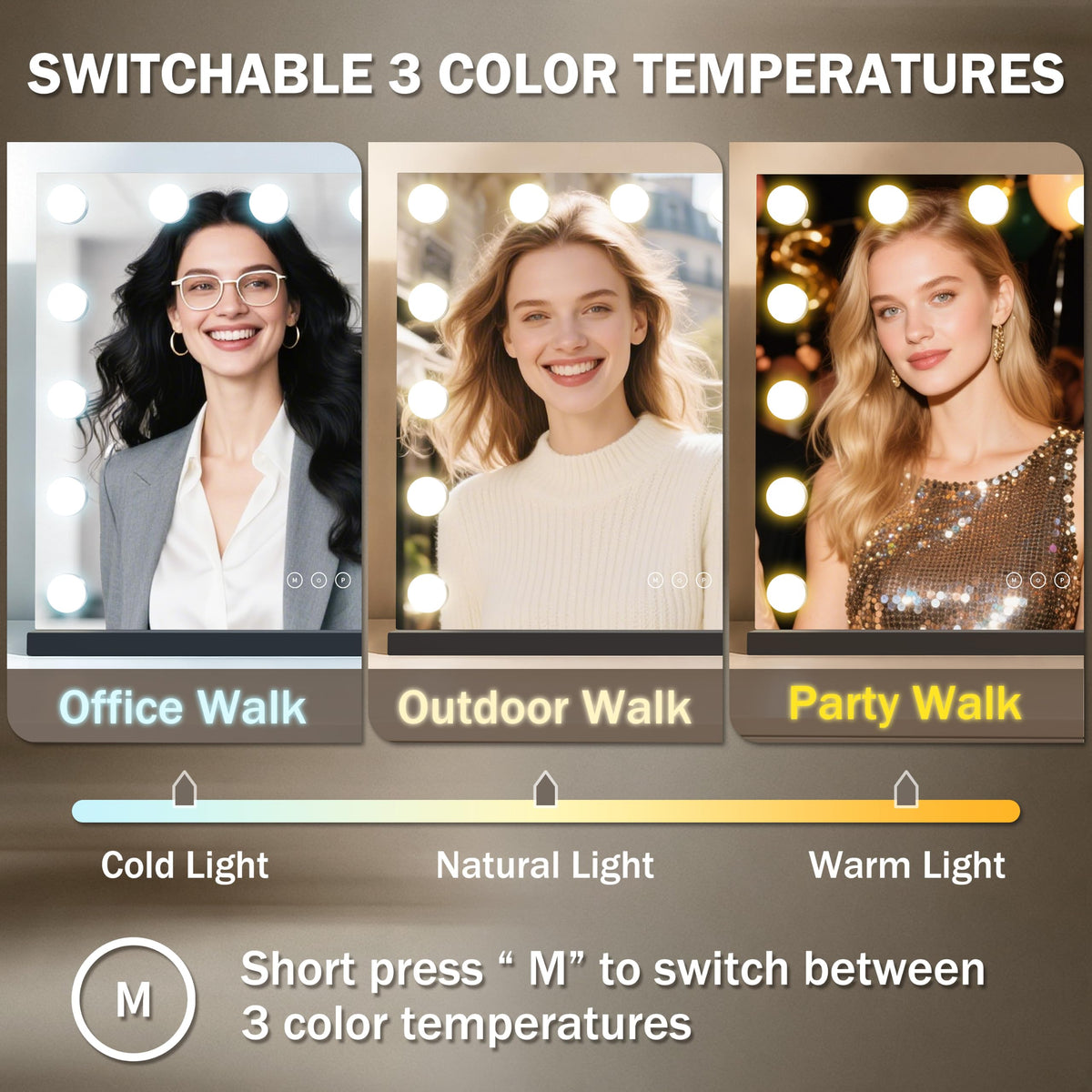 NUSVAN lighted makeup mirror showing touch control features