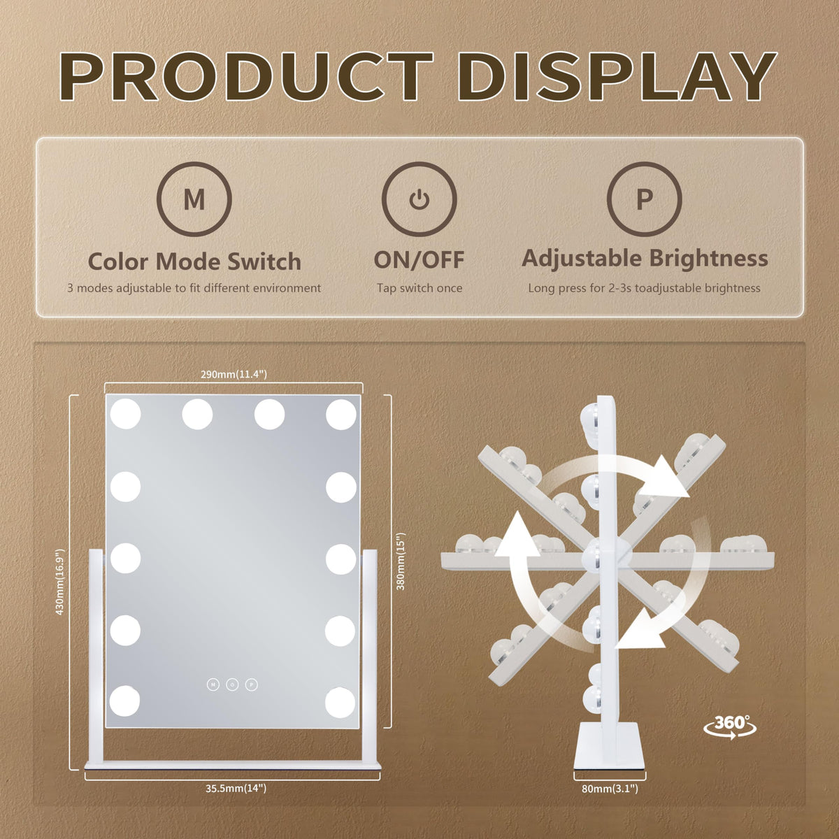 NUSVAN Vanity Makeup Mirror with three color lighting modes