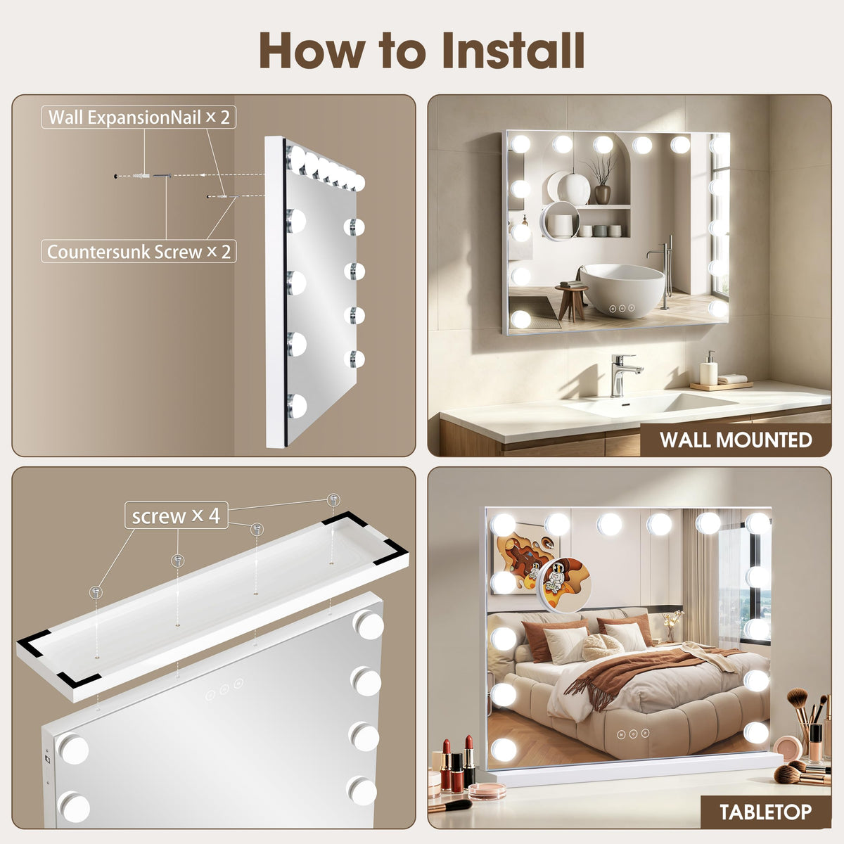 NUSVAN Vanity Mirror displaying three colour lighting modes