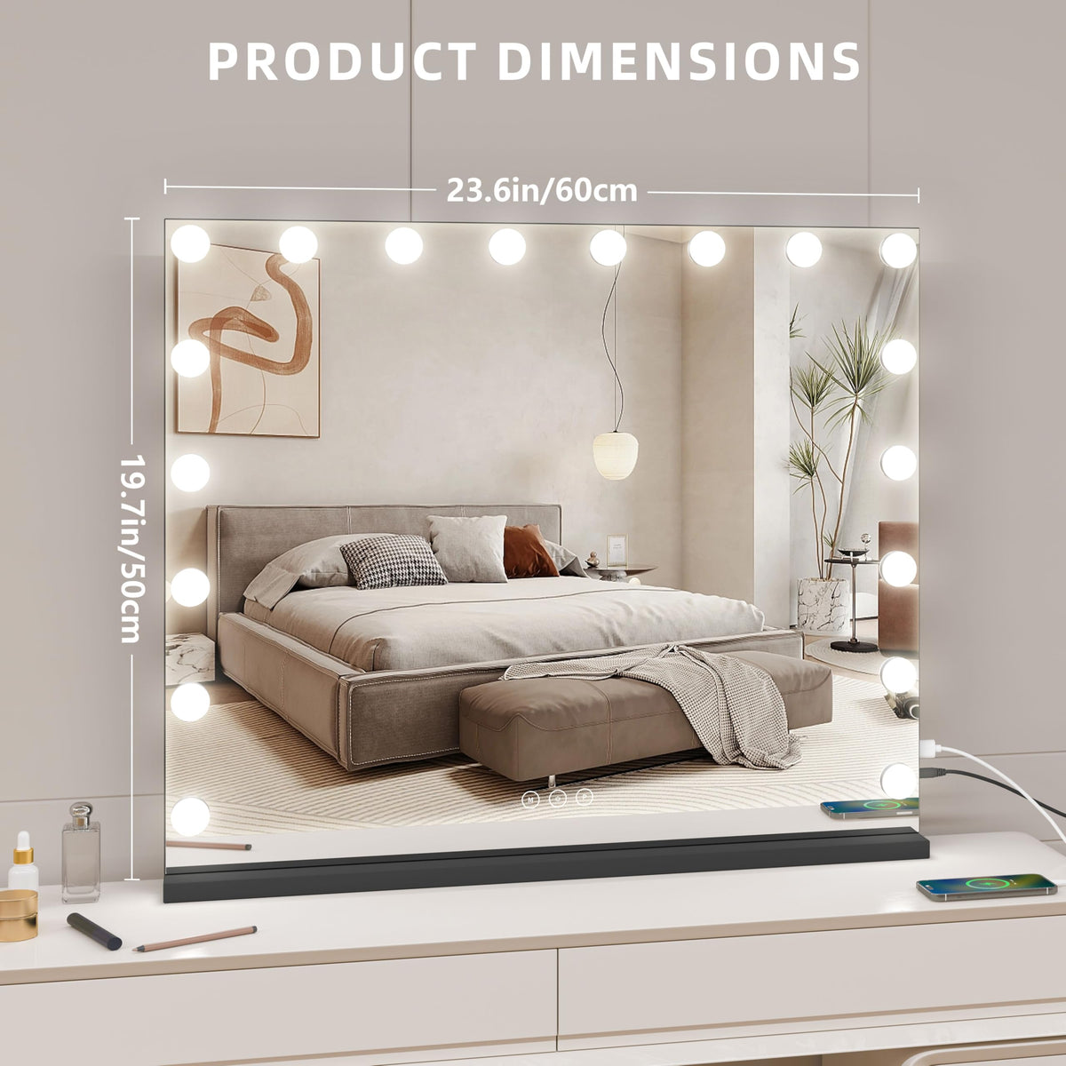 NUSVAN Vanity Mirror with LED bulbs lit up in a dimly lit room