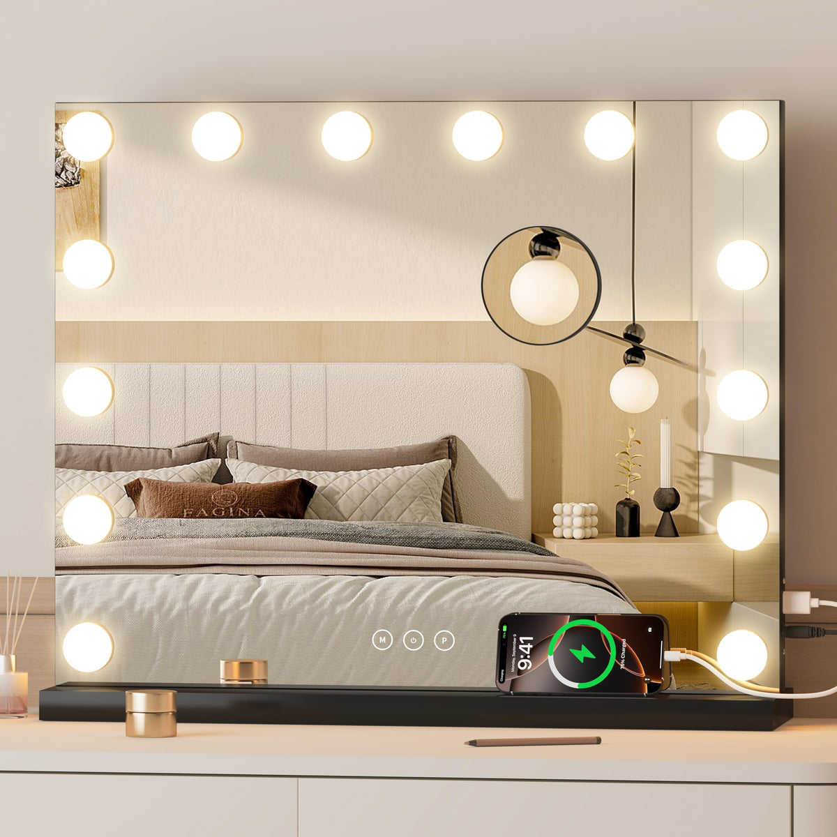 NUSVAN Vanity Mirror with Lights front view, black frame