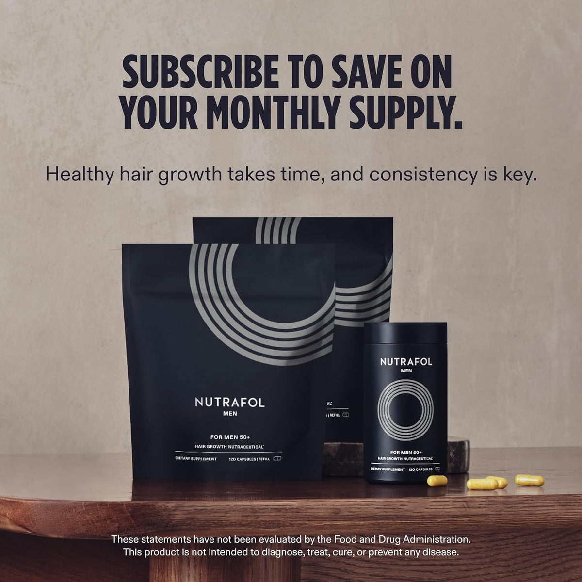 Nutrafol Men 50+ Hair Growth Supplements bottle with background of healthy hair