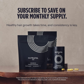 Nutrafol Men 50+ Hair Growth Supplements bottle with background of healthy hair