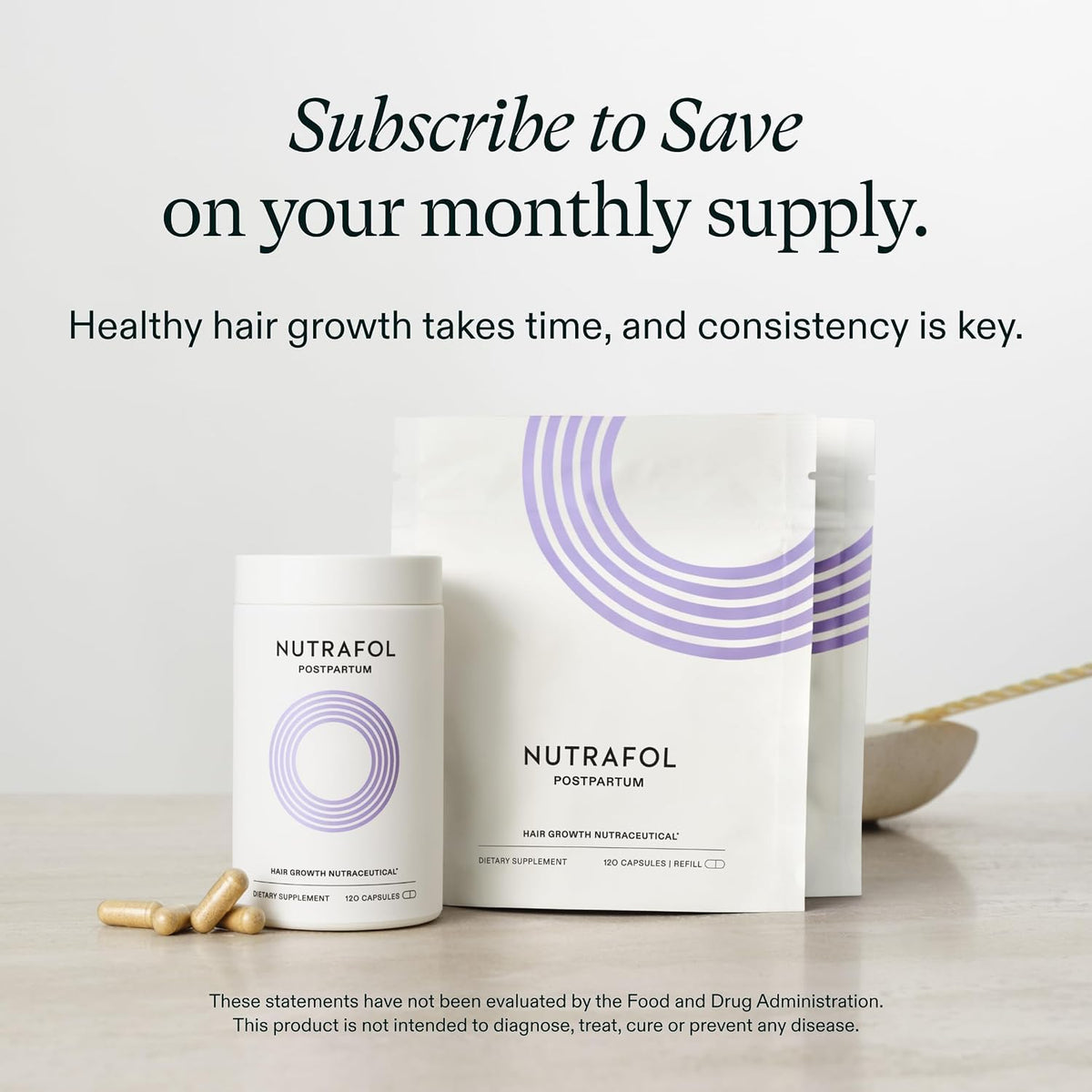 Nutrafol Postpartum Hair Growth Supplements capsules in hand