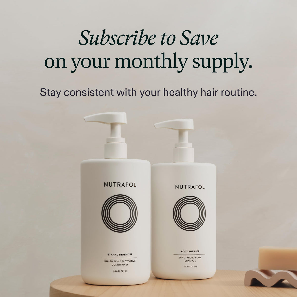 Nutrafol Shampoo 1L with healthy hair background
