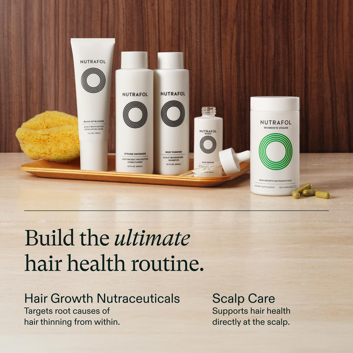 Nutrafol Women's Hair Serum bottles on a bathroom counter