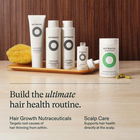 Nutrafol Women's Hair Serum bottles on a bathroom counter