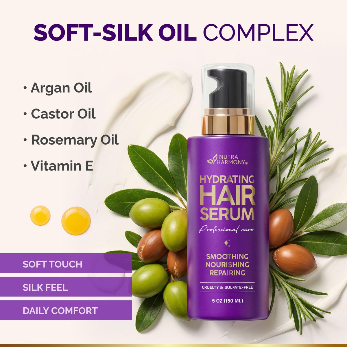 NUTRAHARMONY Hydrating Hair Serum on a bathroom counter