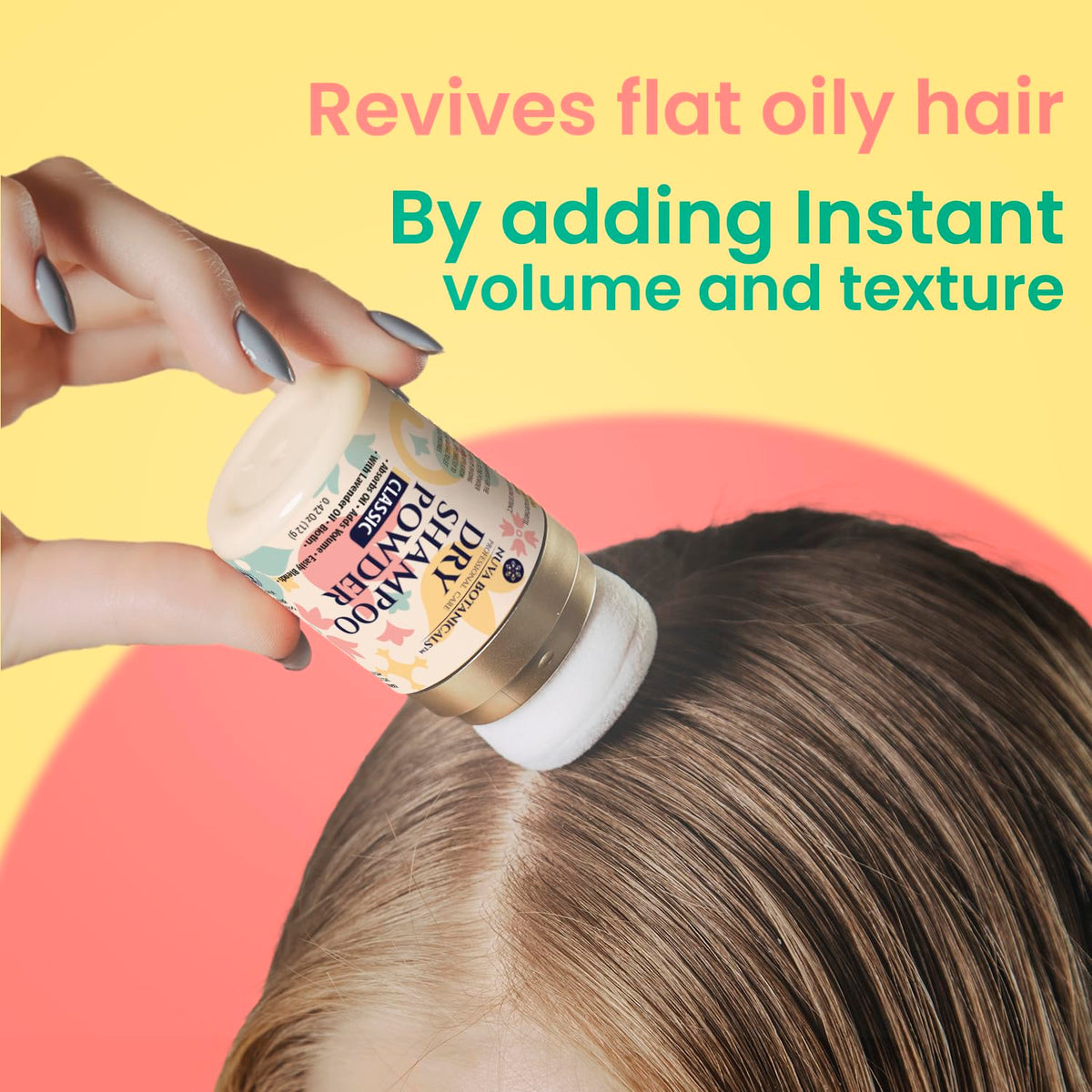 Nuva Botanicals Dry Shampoo Powder application process