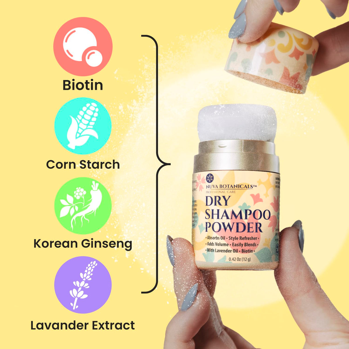 Nuva Botanicals Dry Shampoo Powder Lavender open container