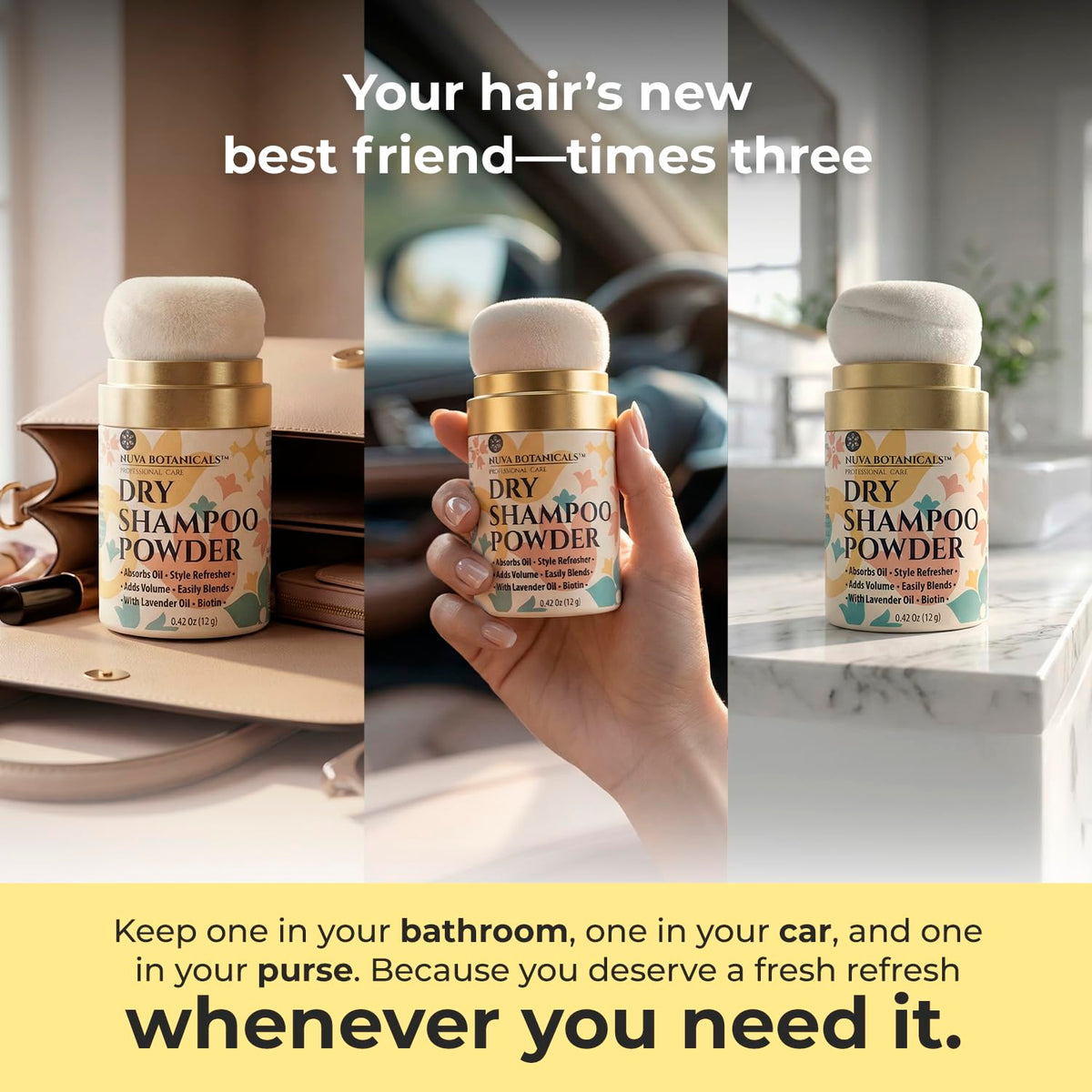 Nuva Botanicals dry shampoo powder with lavender scent and packaging