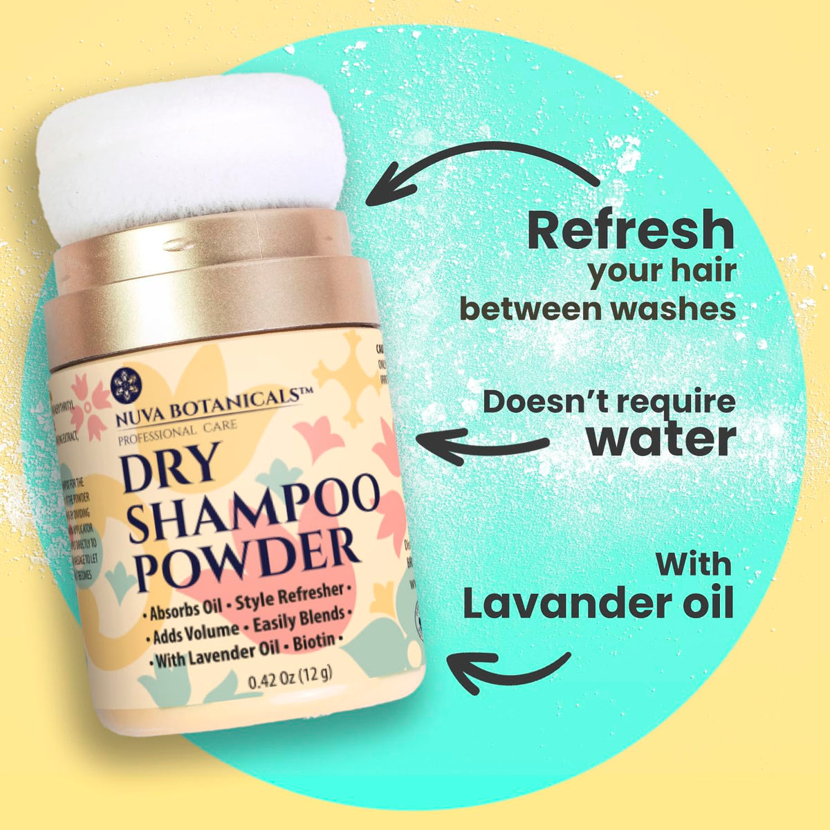 Nuva Botanicals Lavender Dry Shampoo Powder application on hair
