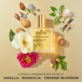 Nuxe Huile Prodigieuse oil in a beauty routine setup