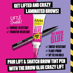 NYX Brow Glue Crazy Lift clear gel with makeup products background