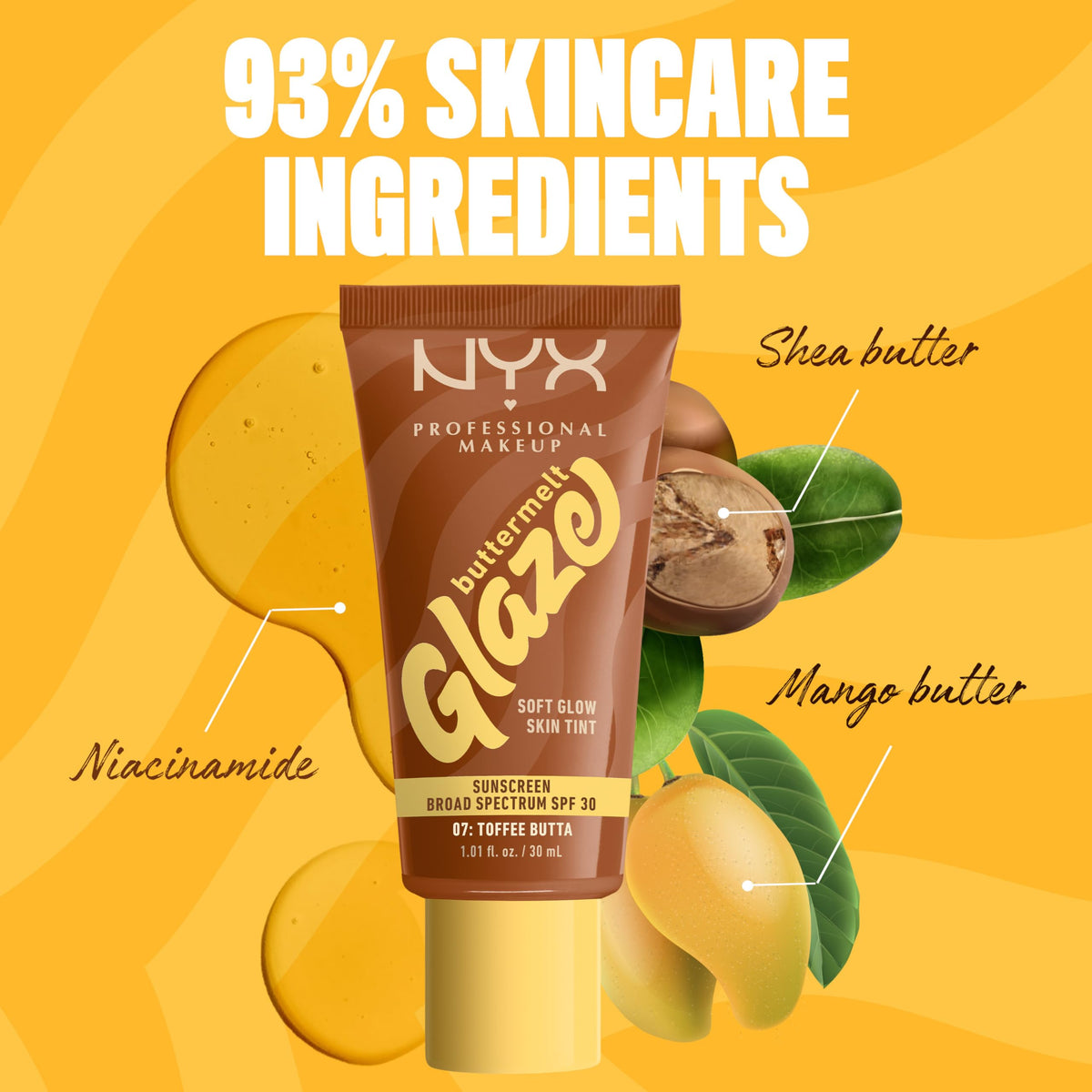 NYX Buttermelt Glaze Skin Tint with makeup brushes