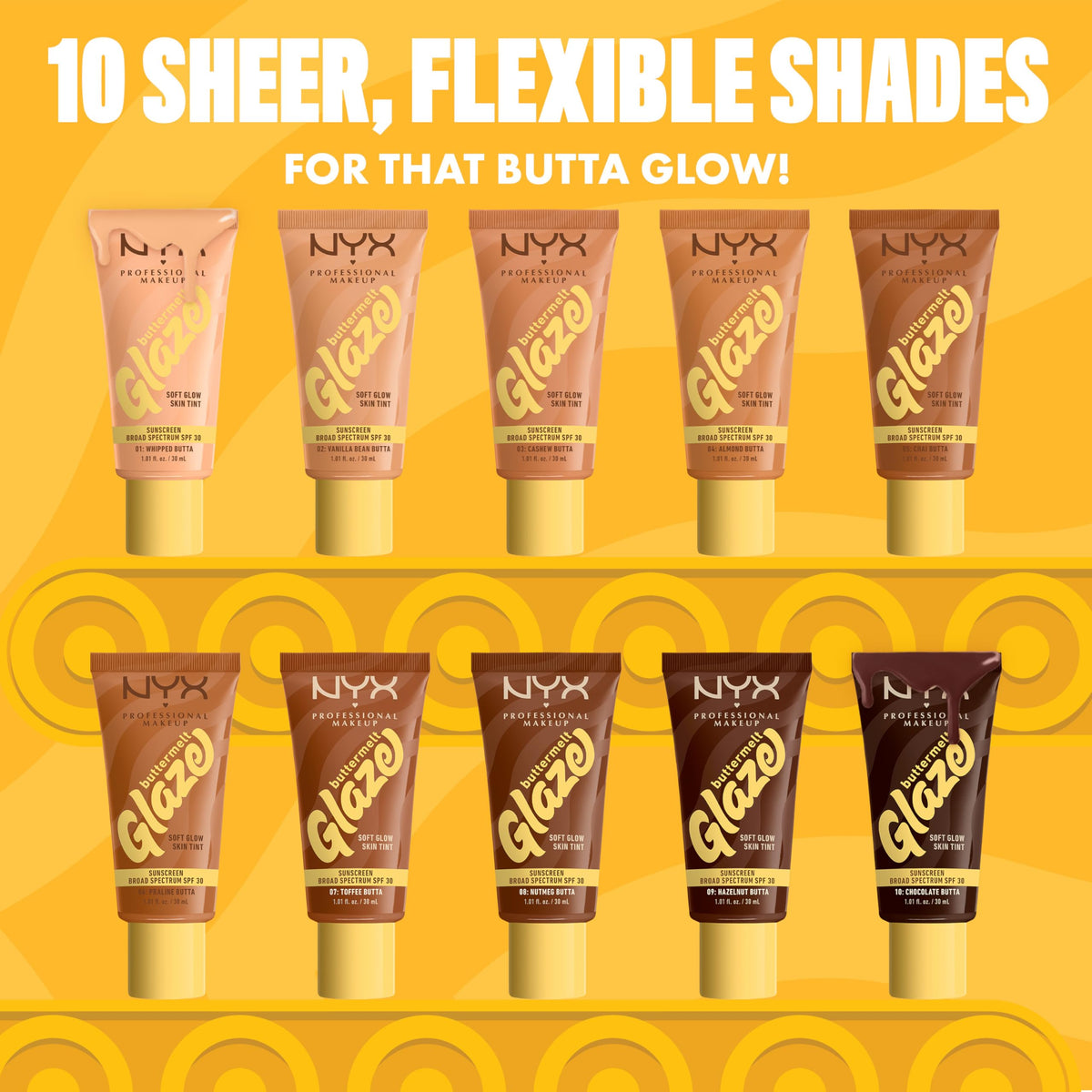 NYX Buttermelt Glaze Soft Glow Skin Tint shade range display