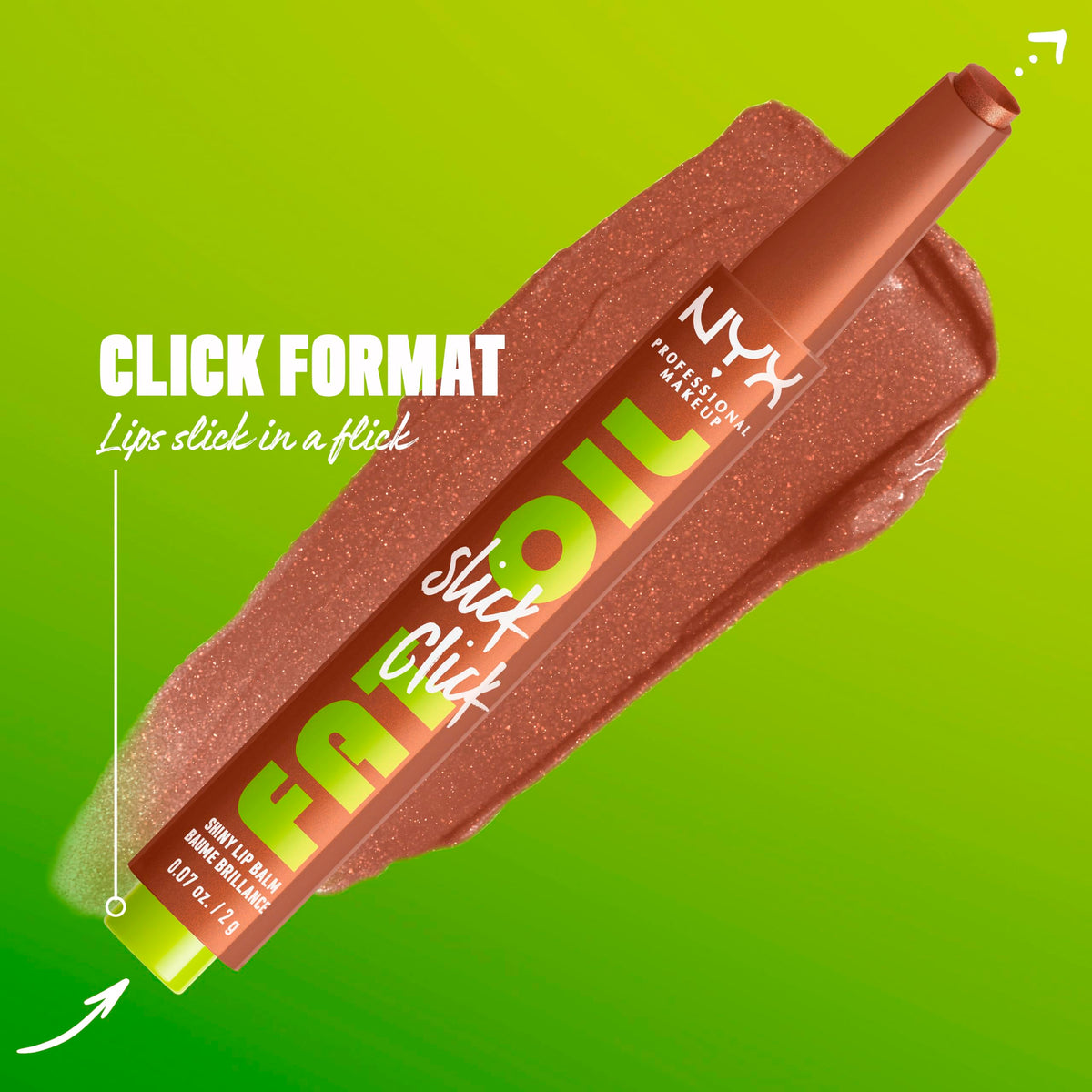 NYX Fat Oil Slick Click Lip Balm in use on model