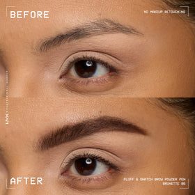 NYX Fluff & Snatch Brow Powder Pen Brunette with before and after brows
