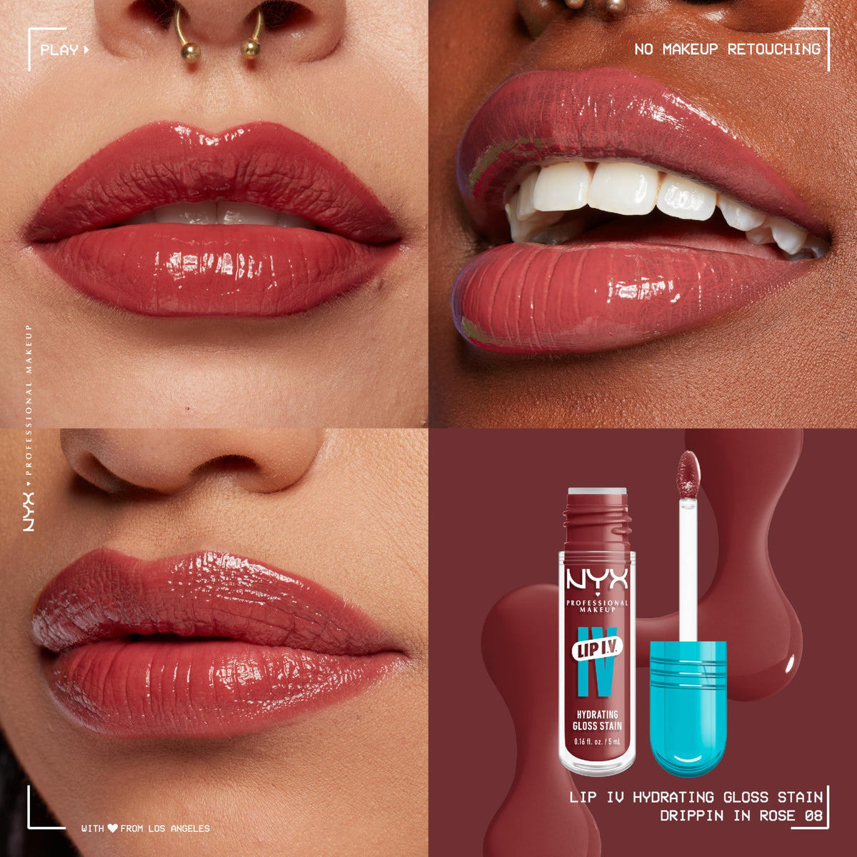 NYX Lip IV Hydrating Glossy Lip Stain Drippin In Rose applicator close-up