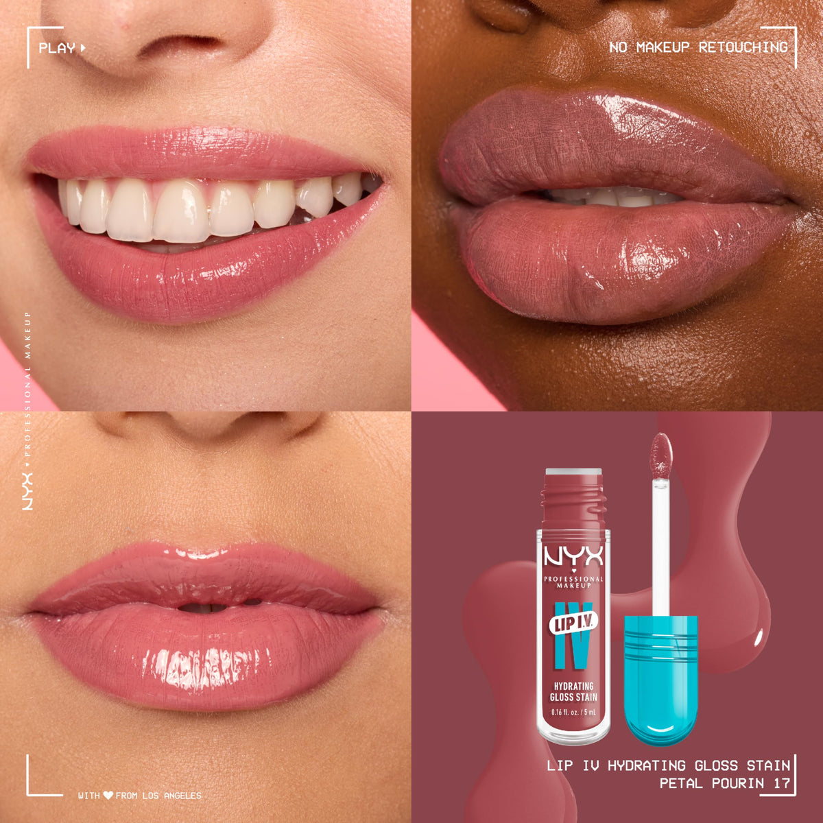 NYX Lip IV Hydrating Glossy Lip Stain Petal Pourin' applicator close-up