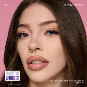 NYX Make 'Em Wonder Liquid Foundation 06 Light with makeup tools