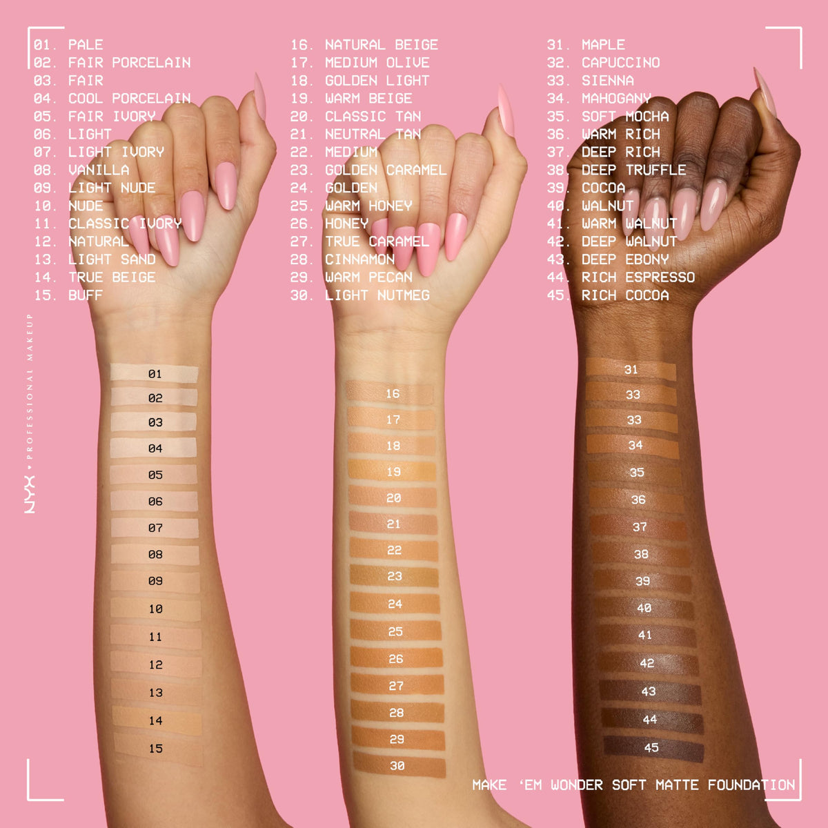 NYX Make 'Em Wonder Liquid Foundation 20 Classic Tan with makeup tools