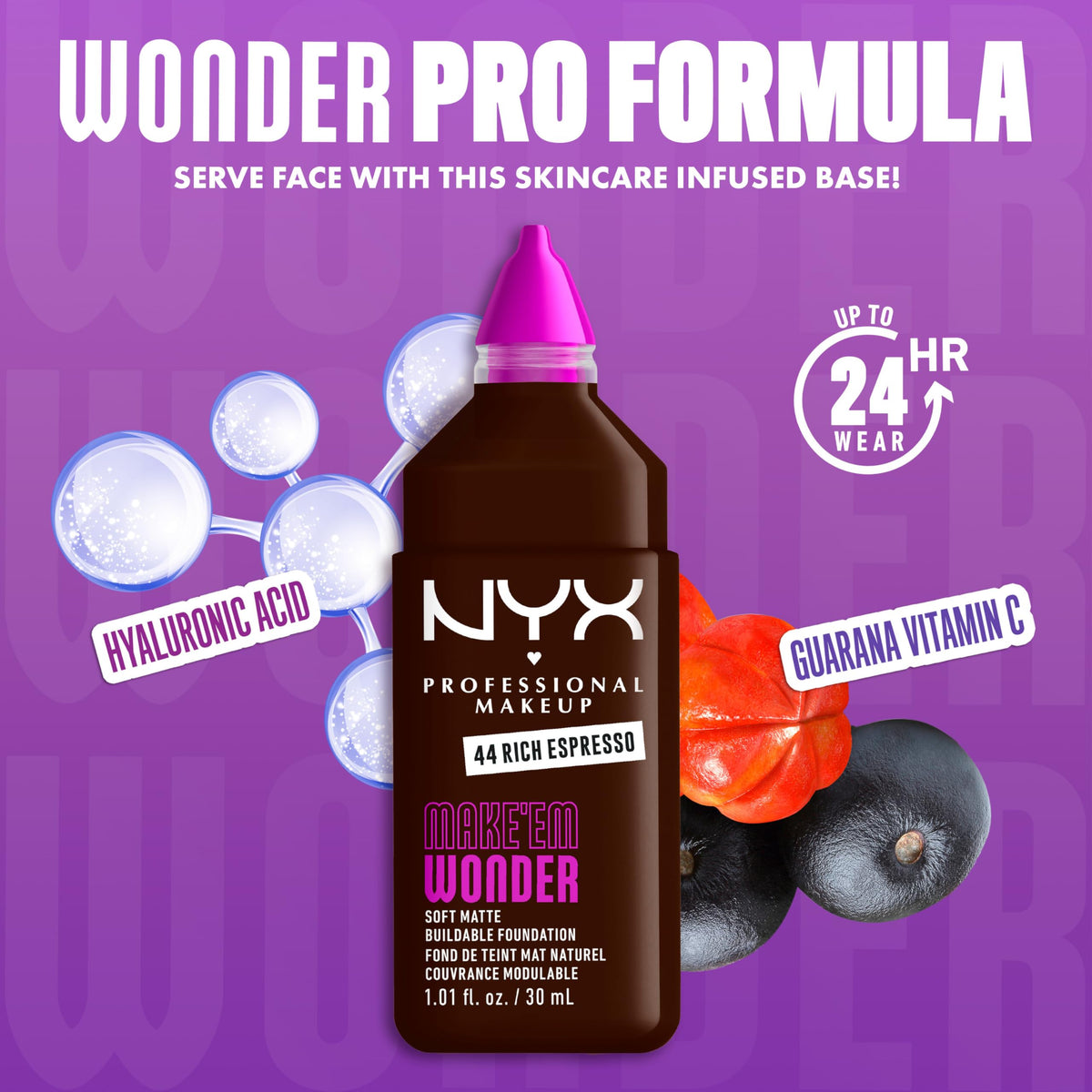 NYX Make 'Em Wonder Liquid Foundation 24HR packaging with shades