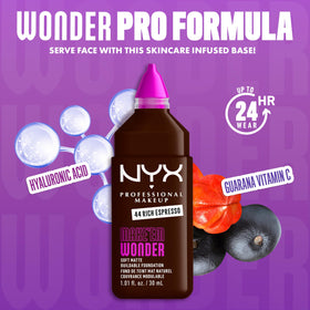 NYX Make 'Em Wonder Liquid Foundation 24HR packaging with shades
