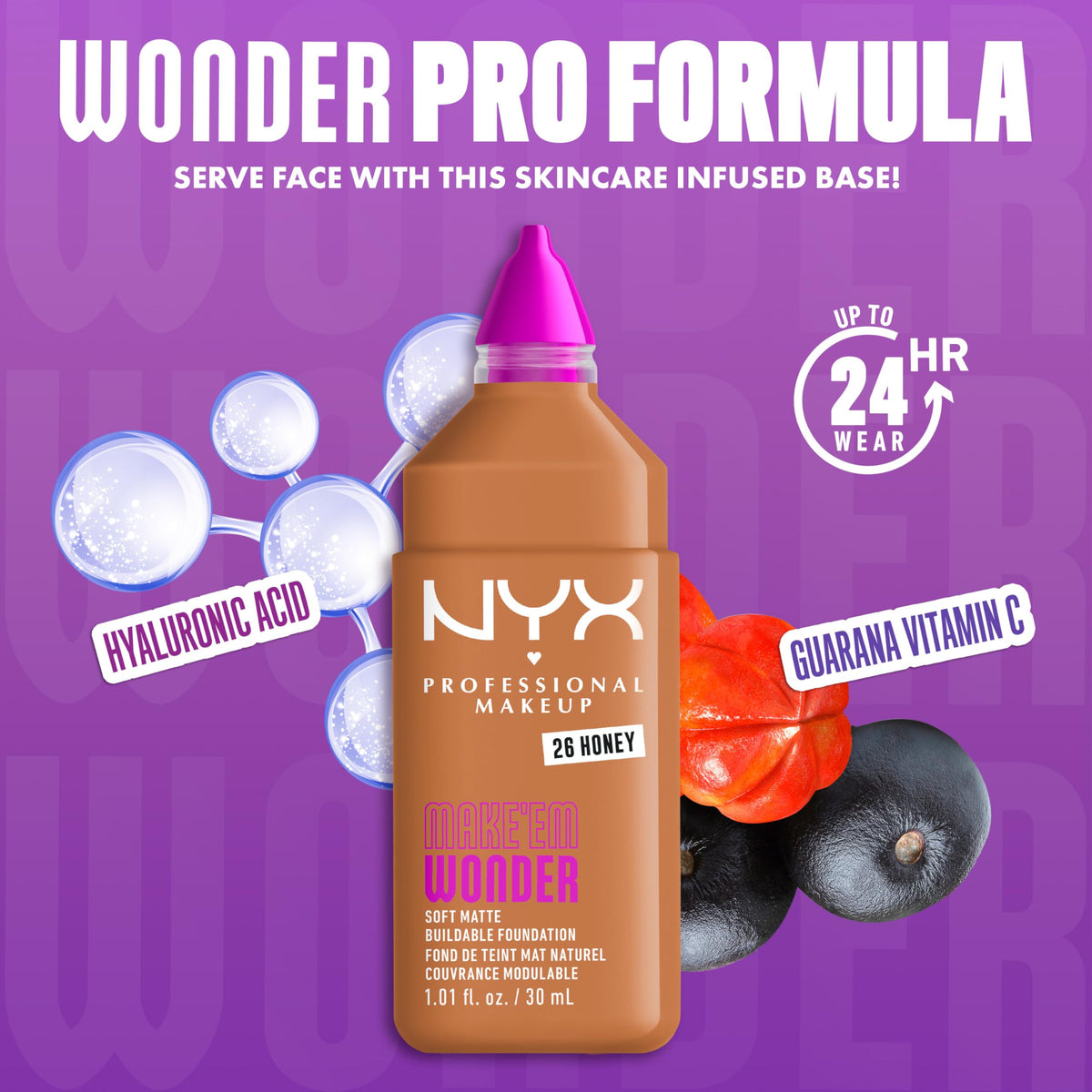 NYX Make 'Em Wonder Liquid Foundation 26 Honey with makeup applicator