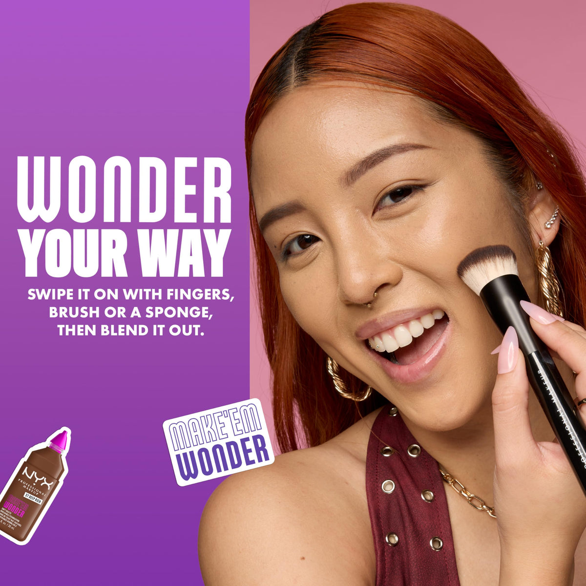 NYX Make 'Em Wonder Liquid Foundation 30 Light Nutmeg with makeup tools