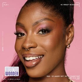 NYX Make 'Em Wonder Liquid Foundation 36 Warm Rich with makeup tools