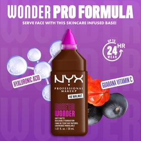 NYX Make 'Em Wonder Liquid Foundation 40 Walnut with makeup tools