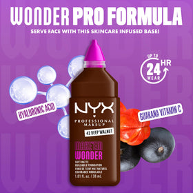 NYX Make 'Em Wonder Liquid Foundation 42 Deep Walnut application on model
