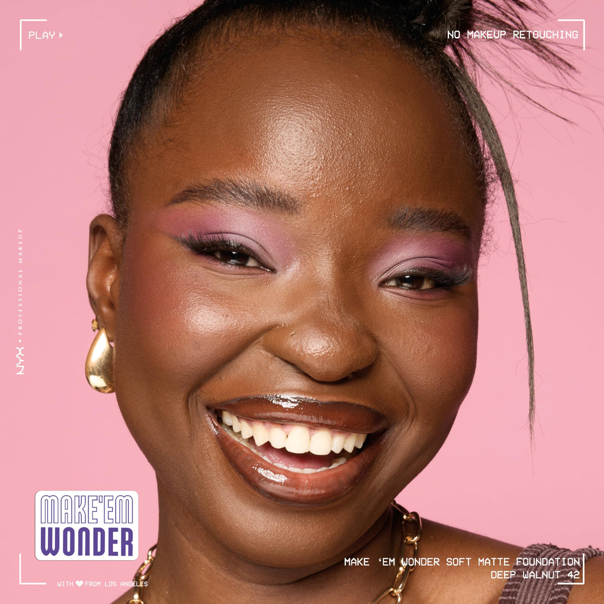 NYX Make 'Em Wonder Liquid Foundation 42 Deep Walnut with makeup tools