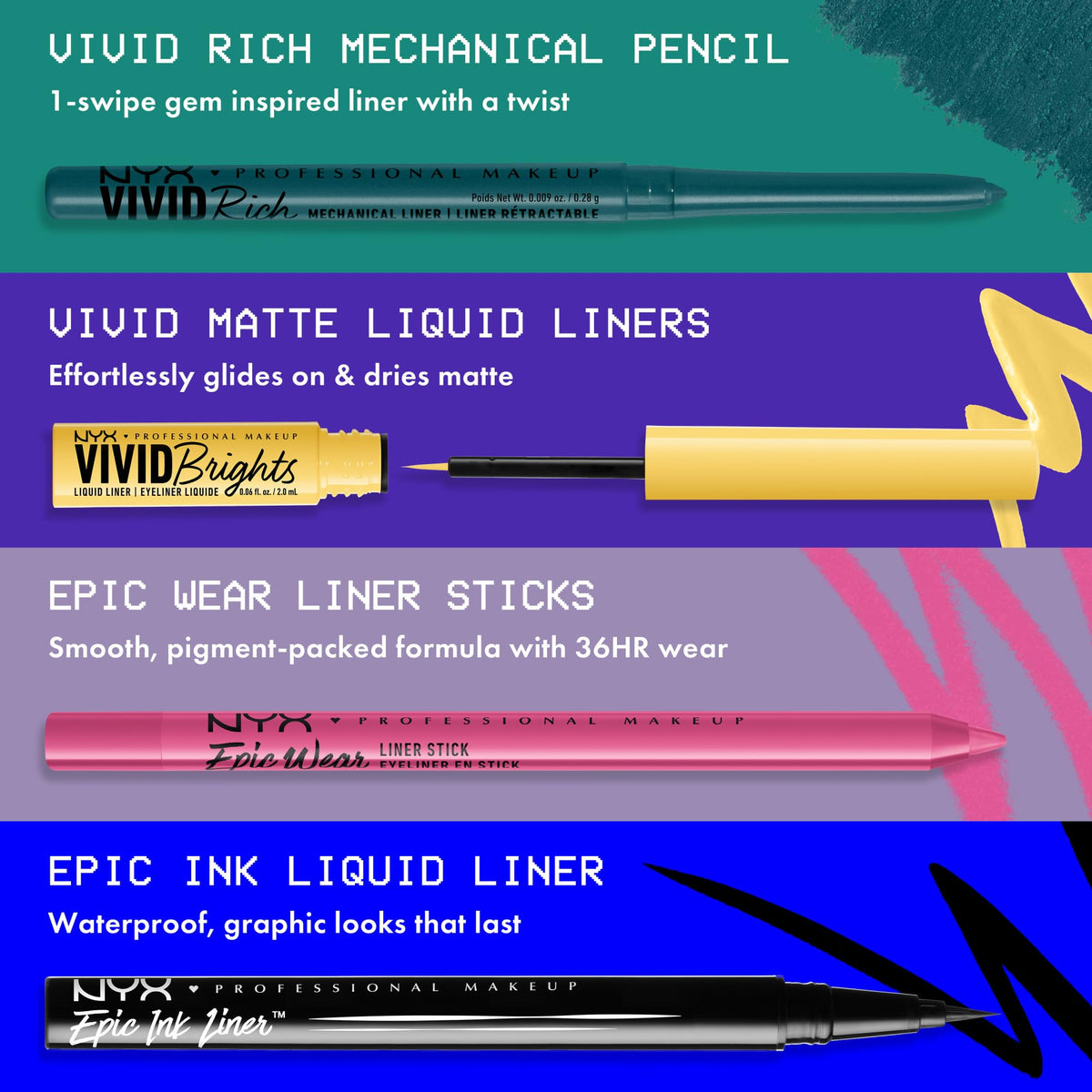 NYX Mechanical Eye Pencil Slate Grey next to other eyeliners