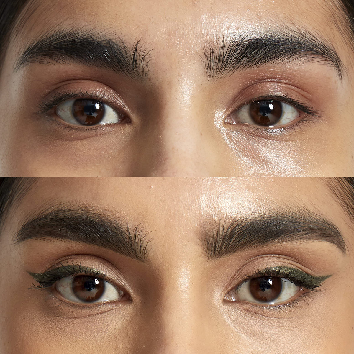 NYX Mechanical Eyeliner Pencil Golden Olive applied on model's eyes