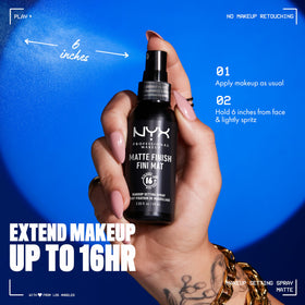 NYX Setting Spray Duo used on a model's face for matte look