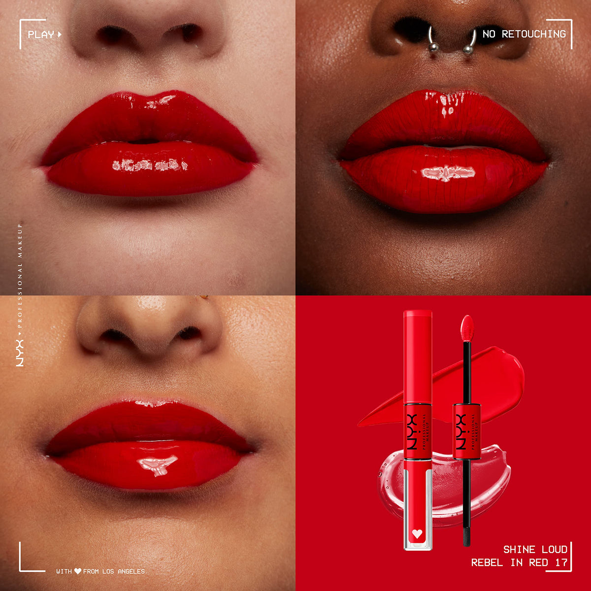 NYX Shine Loud Liquid Lipstick Rebel In Red on model's lips