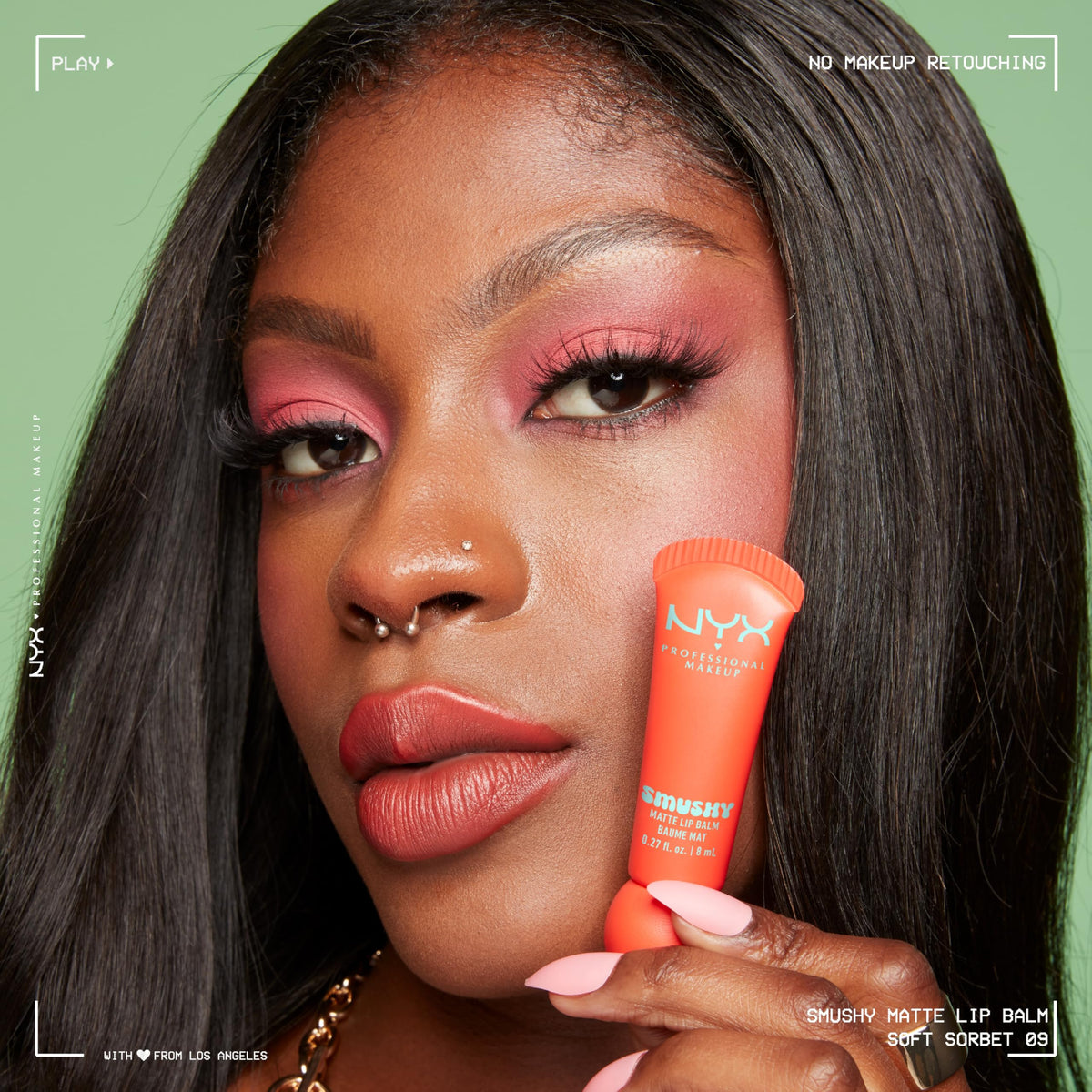 NYX Smushy Matte Lip Balm Soft Sorbet on model's lips