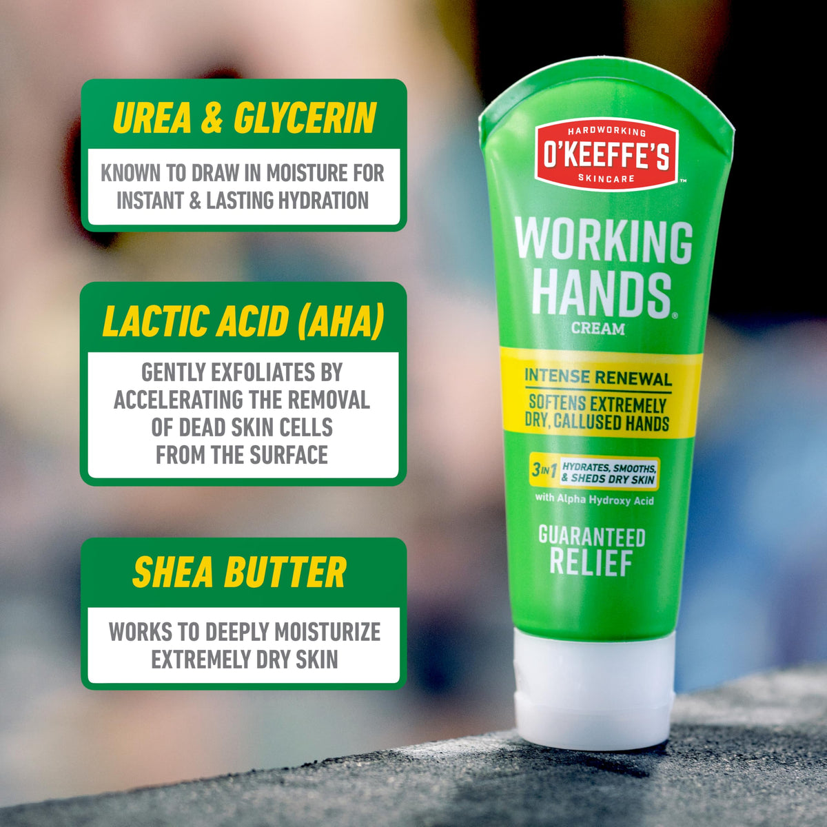 O'Keeffe's cream alongside skincare items for hand care